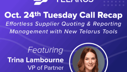 Promotional graphic for Telarus Tuesday call recap featuring Trina Lambourne on Supplier Quoting and Reporting Management with new tools, set against a purple background.