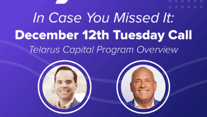 Promotional graphic for Telarus's December 12th Tuesday call featuring Vice President Piero Syst and Director Ron Mcness, discussing the Telarus Capital Program with a focus on business practices.