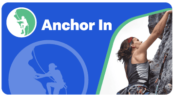 Woman rock climbing on a cliff, with the "Anchor In" logo featuring two climbing silhouettes, designed by a marketing team from Detroit, MI.