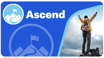 An image featuring a logo with test tubes next to the word "ascend" and a person in hiking gear celebrating on a mountaintop against a cloudy sky, emphasizing Miami cybersecurity.