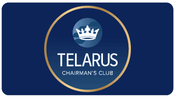 Logo of the 2023 Telarus Chairman's Club featuring a crown symbol above the text, set against a blue circular background with golden borders.
