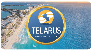Emblem for Telarus President's Club 2023 overlaying an aerial view of a coastal area with beaches and buildings.