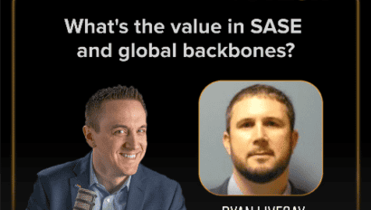 Promotional image for "Next Level Biz Tech" by Telarus. The text reads, "What's the value in SASE and global backbones?" featuring a photo of a person holding a microphone on the left and a headshot of Ryan Livesay from Aryaka on the right.