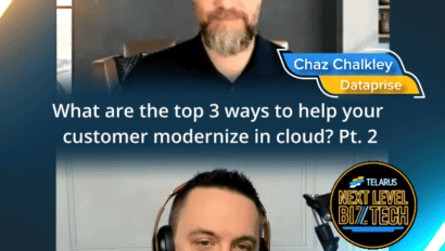A virtual discussion between Chaz Chalkley from Dataprise and Josh Lupresto from Telarus is shown. Above them, the text reads: "What are the top 3 ways to help your customer with Azure modernization? Pt. 2." The Telarus logo and "NEXT LEVEL BIZTECH" are visible in the design.
