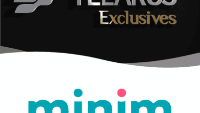 Logo of Telarus Exclusives above and Minim logo below, both against contrasting black and white backgrounds.