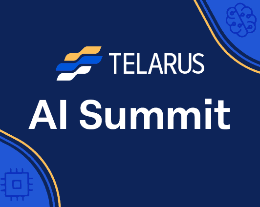 Logo of the Telarus AI Summit featuring a stylized brain and circuit graphics on a dark blue background with text highlighting Cutting-Edge Solutions.