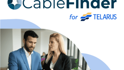 Two professionals discussing over a tablet in an office, with logos of "CableFinder" and "Telarus" in the upper part of the image.