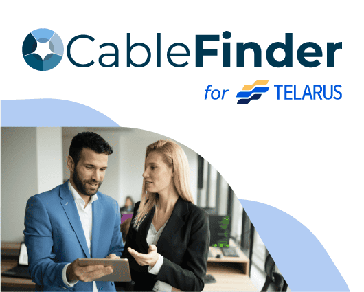 Two professionals discussing over a tablet in an office, with logos of "CableFinder" and "Telarus" in the upper part of the image.