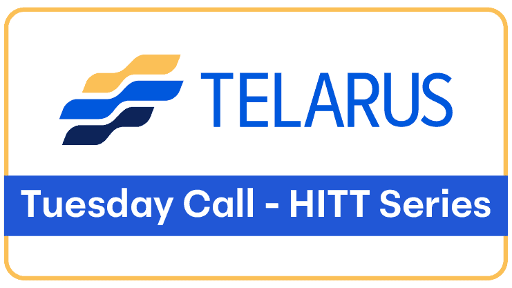Logo of Telarus with text "Tuesday Call - High Intensity Tech Training Series" on a yellow and blue background.