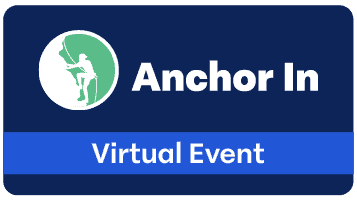 Logo for "anchor in" Telarus virtual event featuring a blue theme and a silhouette of a person climbing inside a green circle.