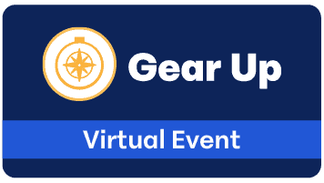 Blue rectangular graphic with a logo of a compass, text "Telarus Gear Up" in white, and "virtual event" in a darker blue banner below.