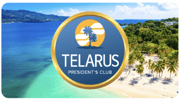 Logo of Telarus President's Club 2024 superimposed on a scenic beach view with clear blue water and lush palm trees.