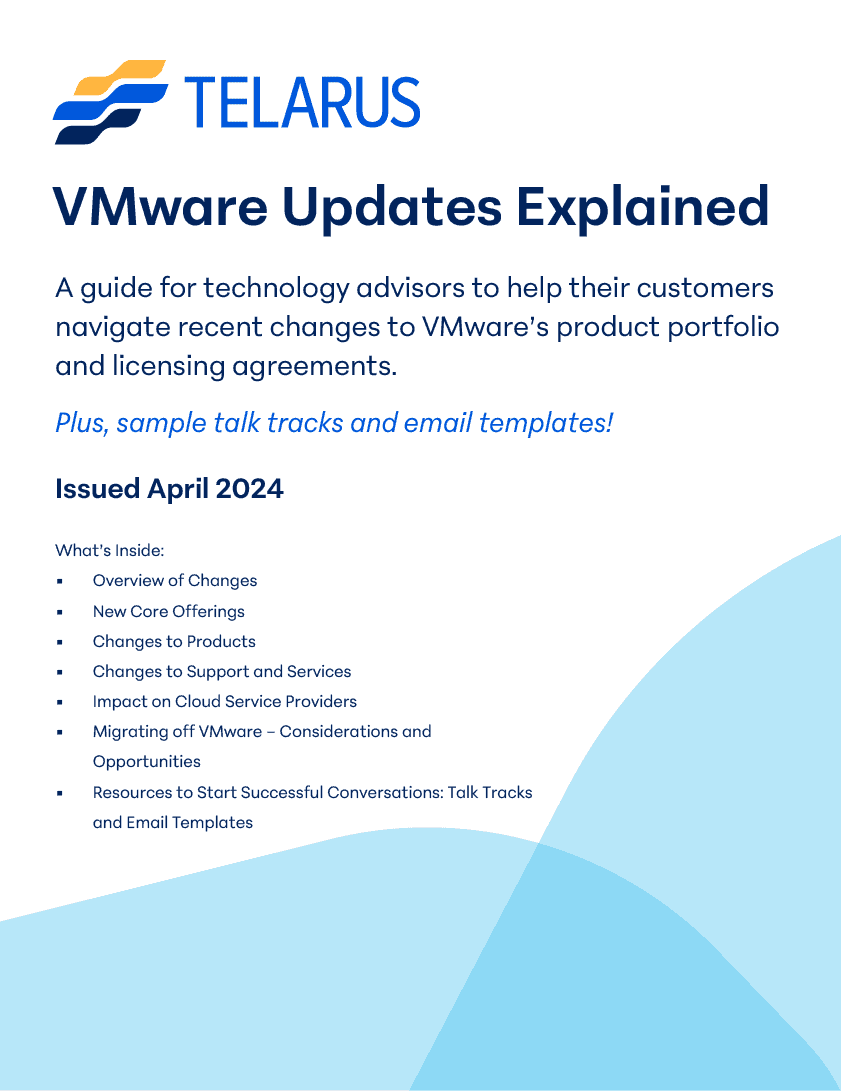 Promotional image for Telarus, a VMware technology advisor company, outlining their April 2024 newsletter contents including service updates and opportunities.