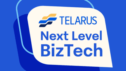 Logo of Telarus featuring the text "next level biztech" against a blue background with abstract Azure design elements.