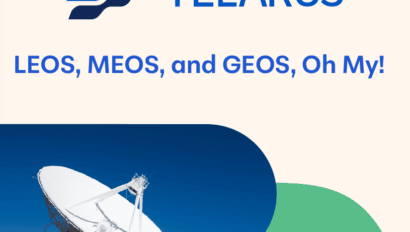 A promotional graphic for Telarus featuring their logo and the phrase "LEOS, MEOS, and GEOS, Oh My!" Below the text, there's an image of a large satellite dish against a clear blue sky, showcasing satellite connectivity. The background has a green and beige color scheme.