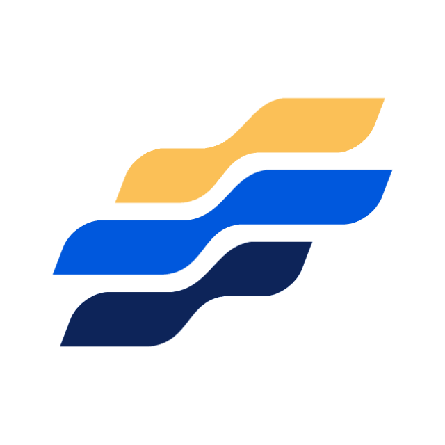 Abstract logo featuring three layers with flowing design in yellow, blue, and dark blue colors, representing dynamism and fluidity.