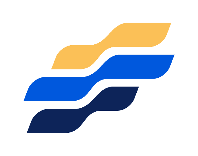 Abstract logo featuring three layers with flowing design in yellow, blue, and dark blue colors, representing dynamism and fluidity.