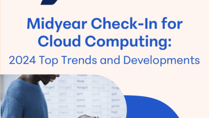 Promotional image for a Telarus event titled "Midyear Check-In for Cloud Computing: 2024 Trends and Developments." It features the Telarus logo and a person writing on a clipboard while looking at a board with various text entries.