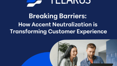 A promotional graphic for Telarus with the headline "Breaking Barriers: How Accent Neutralization is Transforming Customer Experience." The graphic includes the Telarus logo, a man and woman looking at a laptop, and a blue background with abstract design elements.
