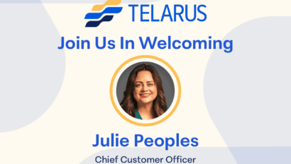 Graphic highlighting the Telarus logo and text: "Join Us In Welcoming Julie Peoples, Chief Customer Officer." Features a photo of Julie Peoples inside a circular frame. The background is adorned with abstract shapes in light tones.