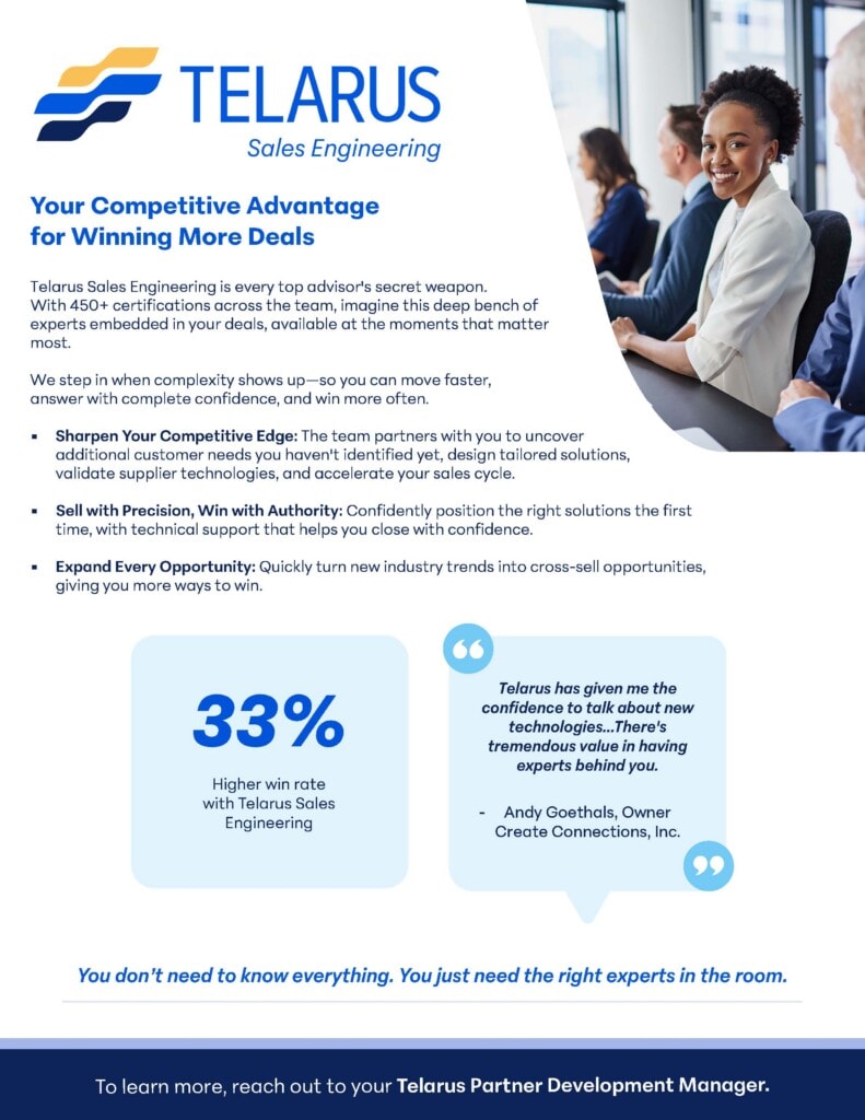 A promotional flyer for Telarus Sales Engineering highlights benefits like certification, collaboration, and expert technical support. It features a photo of a woman on a headset and graphics showing 33% qualifying deal wins.