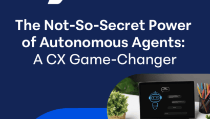 Telarus logo above the text "The Not-So-Secret Power of Autonomous Agents: A CX Game-Changer." Below, a laptop with an illustration of a chatbot on the screen, alongside a plant and colorful pens—a vibrant setting underscoring the revolutionary impact on customer experience.