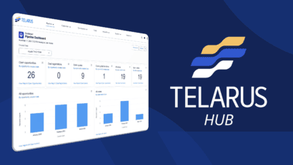 The Telarus Hub dashboard interface showcases statistics and bar graphs for open opportunities and won opportunities, serving as a crucial business management platform. The right side sports the Telarus logo, with its stylized wave elements against a blue background.