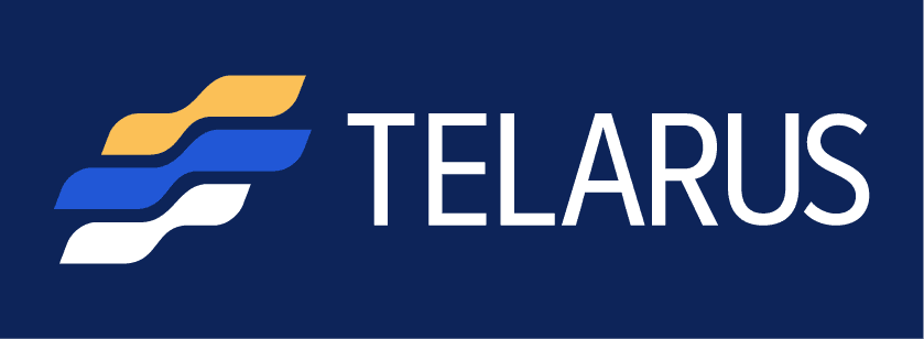 The image features the Telarus logo—three wavy lines in yellow, blue, and white beside "TELARUS" in bold white letters on a dark blue background—reflecting the official Telarus Brand Assets and Guidelines.