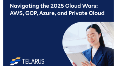 A woman in business attire smiles while using a tablet. The text reads: "Navigating the 2025 Cloud Wars: AWS, GCP, Azure, and Private Cloud." The Telarus logo is displayed in the bottom left corner. AWS and GCP icons add emphasis to cloud competition.