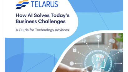 A digital cover page titled "How AI Solves Today’s Business Challenges: A Guide for Technology Advisors" by Telarus, featuring abstract blue graphics and an illustration of AI business solutions icons above a person's hands.