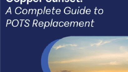 Text displays "Copper Sunset: A Complete Guide to POTS Replacement" over a navy blue background, with a partial image of a sunset sky at the bottom, emphasizing it as your complete guide for POTS replacement.