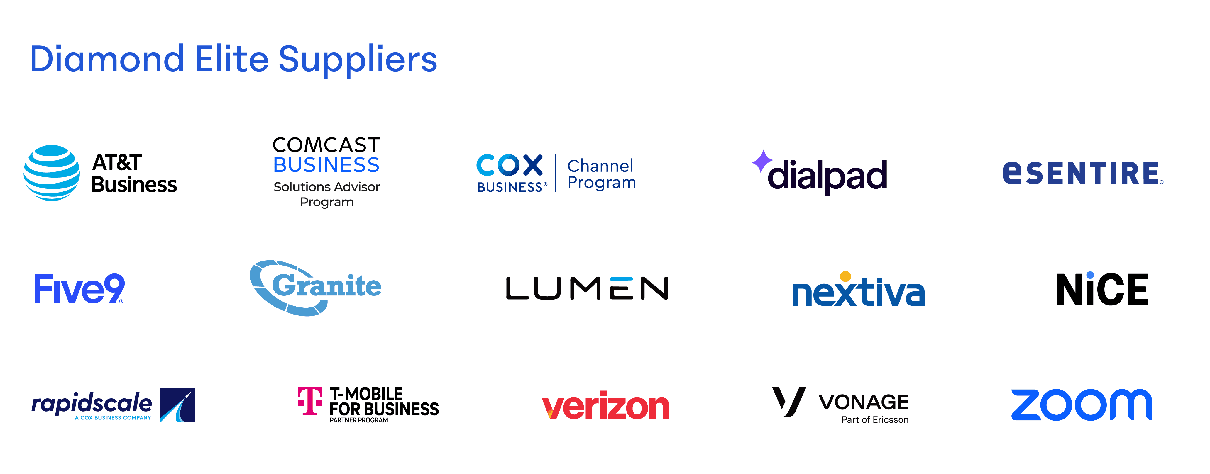 Logos of Diamond Elite Suppliers, including AT&T Business, Comcast Business, Cox Business, Dialpad, eSentire, Five9, Granite, Lumen, Nextiva, NICE, RapidScale, T-Mobile for Business, Verizon, Vonage, and Zoom.