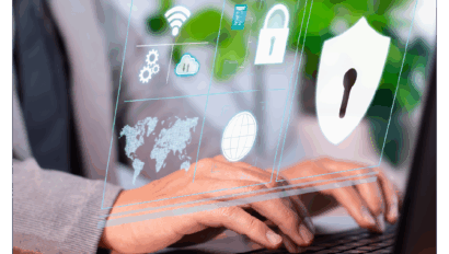 Person typing on a laptop with digital security icons—like a lock, shield, Wi-Fi, and gears—projected above the keyboard, symbolizing cybersecurity and data protection with an emphasis on the human element.