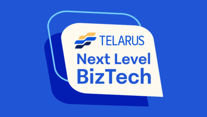 A blue graphic features the Telarus logo above the words "Next Level BizTech" in white and blue text on a rounded rectangular white background.