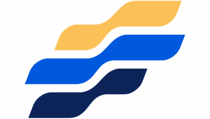 Three wavy lines, each a different color—yellow, bright blue, and dark blue—are stacked diagonally on a white background, resembling stylized waves or flowing ribbons.