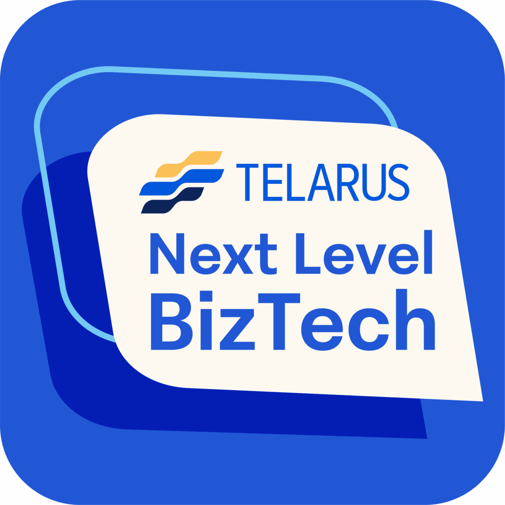 Logo for "TELARUS Next Level BizTech" with stylized blue and yellow lines above the word "TELARUS" on a blue background with rounded edges.