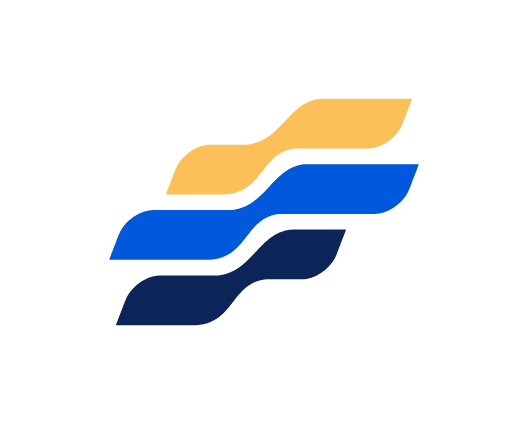 Three wavy lines, each with a gap on the right, are stacked diagonally like a New Supplier ribbon. The top line is yellow, the middle is blue, and the bottom is dark blue, all set against a white background.