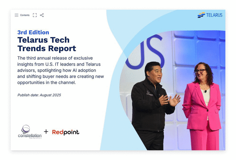 Two people in business attire stand on stage at a Telarus event, discussing "Telarus Tech Trends Report" with insights on how to use AI. The slide behind them features logos for Constellation Research and Redpoint. Publish date: August 2025.