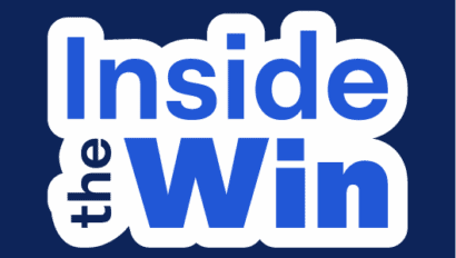 White text outlined with blue reads “Inside the Win” in bold font on a dark blue background; the word “the” is rotated vertically on the left side. Hosted by Jason Stein and Trevor Burnside, the show dives deep into cybersecurity topics.