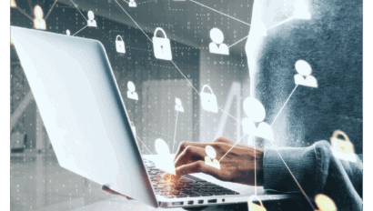 A person types on a laptop, with digital icons of padlocks and user avatars connected by lines, representing cybersecurity and data protection concepts.