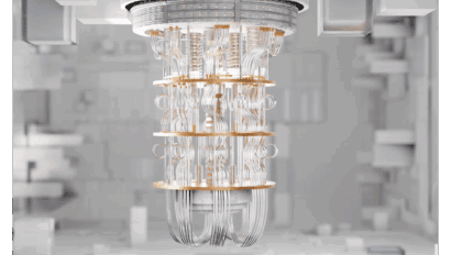 A futuristic quantum computer processor with intricate gold and silver wiring suspended vertically in a high-tech, white and gray environment—ushering in the Quantum Revolution for advanced technology clients.