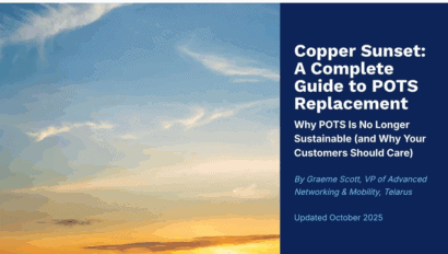 Cover slide for a Telarus guide titled "Copper Sunset: A Complete Guide to POTS Replacement" by Graeme Scott, featuring a sunset sky and text about the shift from POTS, updated October 2025.