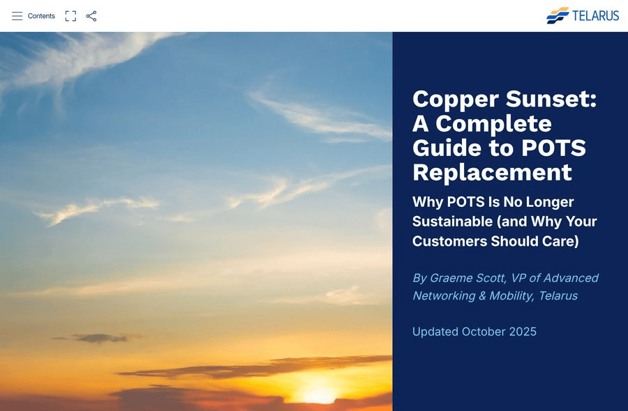 Cover slide for a Telarus guide titled "Copper Sunset: A Complete Guide to POTS Replacement" by Graeme Scott, featuring a sunset sky and text about the shift from POTS, updated October 2025.