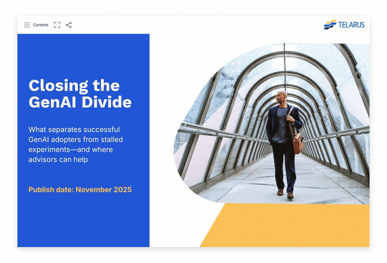 A presentation slide titled "Closing the GenAI Divide" features a man walking through a glass tunnel. Text mentions successful GenAI adoption and advisors, with a publish date of November 2025 and the Telarus logo in the top right.