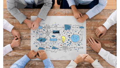 A group of people sitting around a wooden table, discussing a large paper covered with colorful diagrams, charts, and drawings—suggesting brainstorming or planning for networking security or SD-WAN solutions. Only their hands and arms are visible.