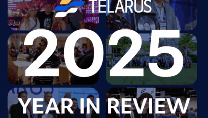 Collage of business event photos featuring people smiling, networking, and receiving awards, overlaid with the Telarus logo and the text “2025 Year in Review,” highlighting Technology Advisor Enablement and Technology Empowerment.