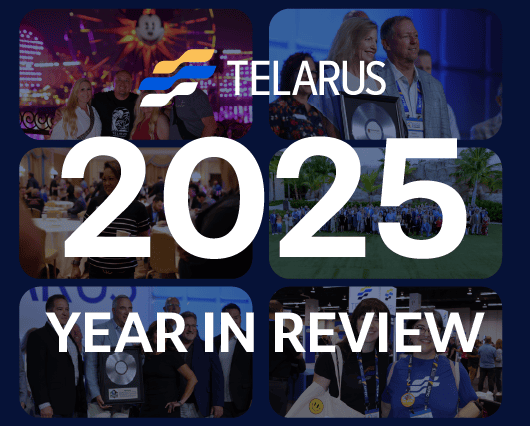 Collage of business event photos featuring people smiling, networking, and receiving awards, overlaid with the Telarus logo and the text “2025 Year in Review,” highlighting Technology Advisor Enablement and Technology Empowerment.