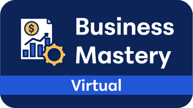 A blue and white graphic with a chart, dollar sign, gear icon, and "Advanced Networking" on the left, alongside the text "Business Mastery Virtual" on the right.