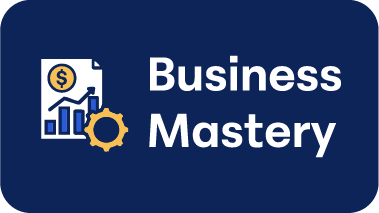 A navy blue rectangle features a chart with a rising arrow, a dollar sign, and a yellow gear icon next to the words "Business Mastery" in bold white text, highlighting advanced networking for success beyond the solution.