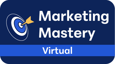 A blue and white graphic features a bullseye with a gold dart and the words "Marketing Mastery Virtual" in bold text, highlighting "Virtual" on a blue bar below—perfect for those seeking advanced networking and going beyond the solution.